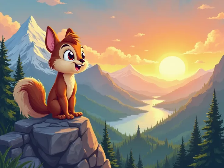 Create a cartoon-style image of a , Watching from a mountain all nature and a sunrise.