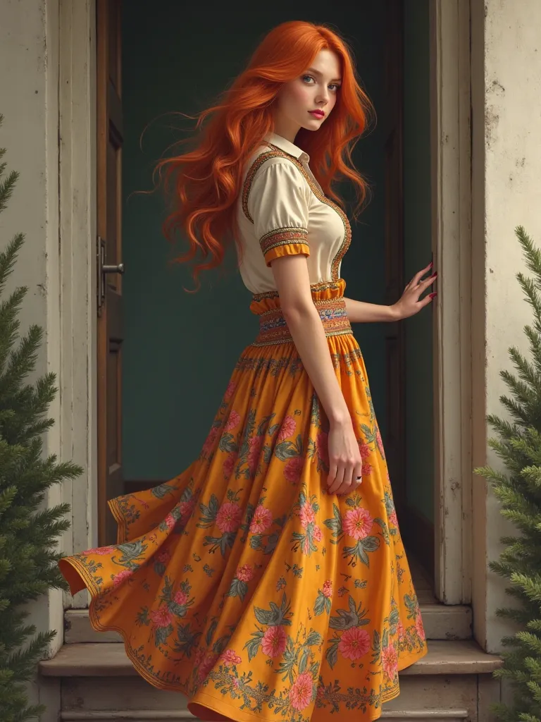  female , vibrant flare skirt shirtwaist dress, long ginger hair, realistic profile view, looking directly at the camera, standing at doorstep 