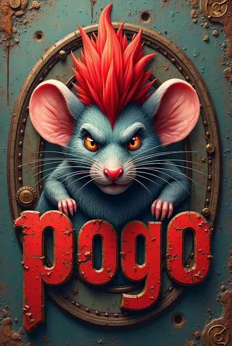 "Red Pogo" Lettering with Steam punk Rat with a red Mowhawk as a logo  im Arcane Style