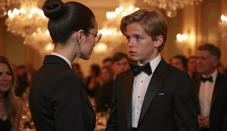 A luxurious ballroom with tall crystal chandeliers and long set tables. The atmosphere is filled with elegant guests wearing evening dresses and formal suits. . The focus is on young Barron Trump, , a tall and reserved young man with piercing blue eyes, , ...