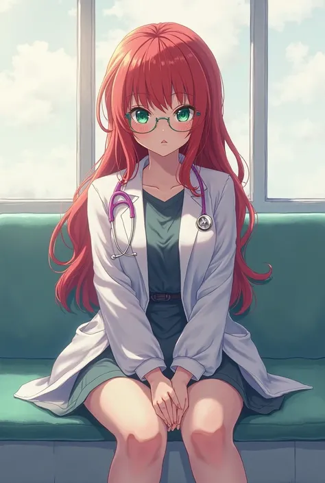 (4k quality) in a hospital, sitting on a chair, anime style, raw color; (25 years old, woman, solo, short, very curvy, big titties, red long hair with bangs, green eyes, baggy eyes, wear glasses, doctor, wears doctor costume (shirt and skirt and lab coat),...