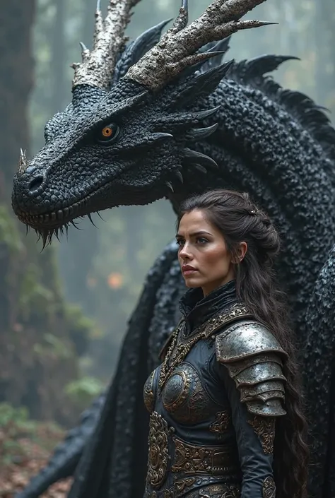 A black dragon with silver antlers and its eyes that are white and that is next to a beautiful woman who is a warrior 