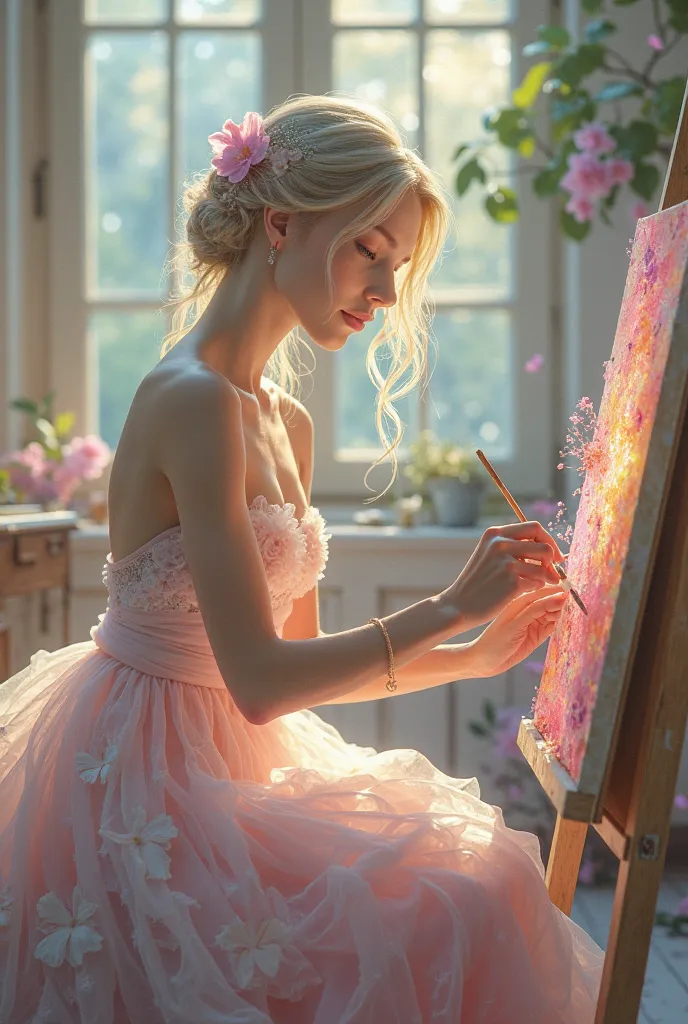 Animated pearly skinned woman making pastels