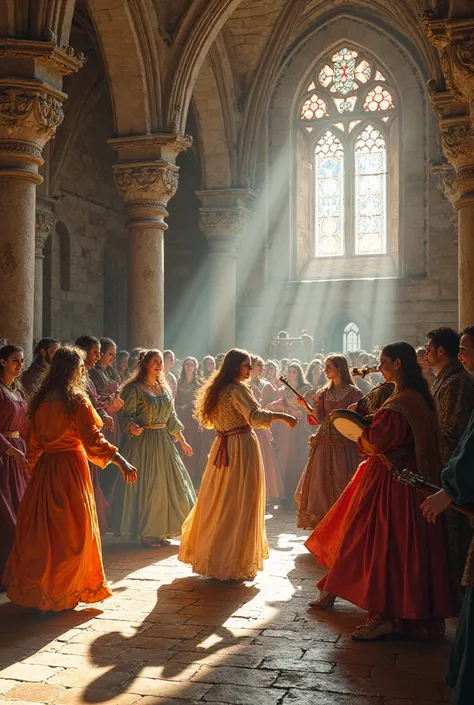 Generate a background image of a 13th century dance in France in Romanesque style