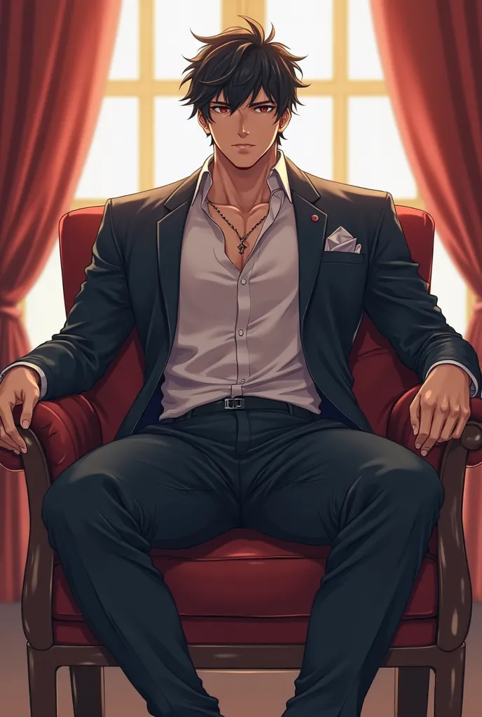 203cm tall man so so muscular and massive handsome anime bule eyes and dark hair so handsome and hot and sexy In Suit manspreading on a chair anime and naked and i want him to look like wriothsley from genshin impact and has a big bulge in his pants