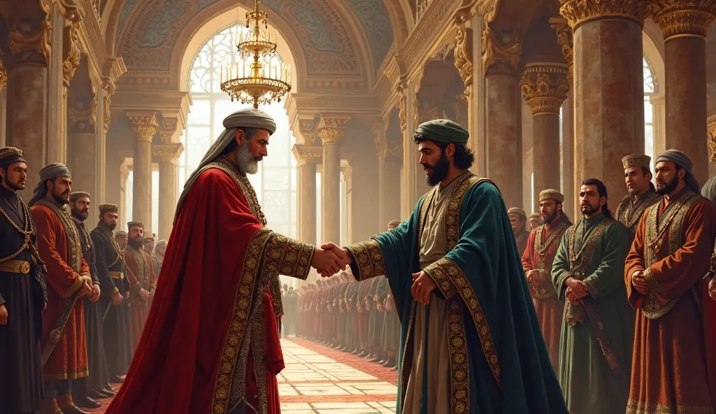 A grand Ottoman palace hall where an aged Sultan Bayezid II, dressed in regal robes, reluctantly hands over his sword to his son, Selim I. The atmosphere is tense, with guards and court officials watching as power shifts from father to son.

