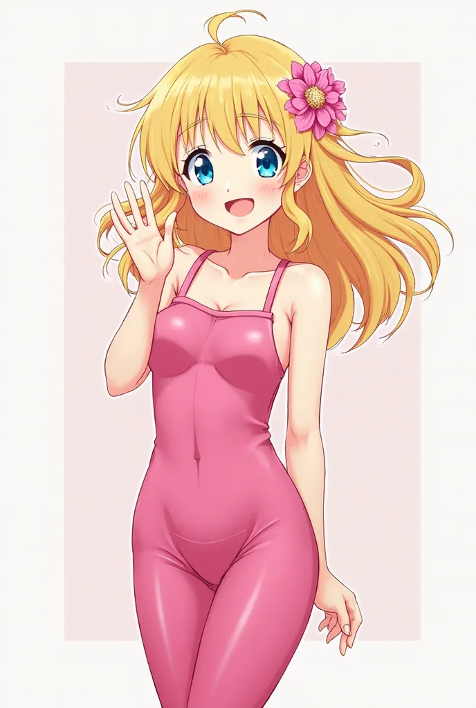 Anime girl with blonde hair,blue eyes waving and smiling at the camera with a pink jumpsuit with a pink flower on the side of her head