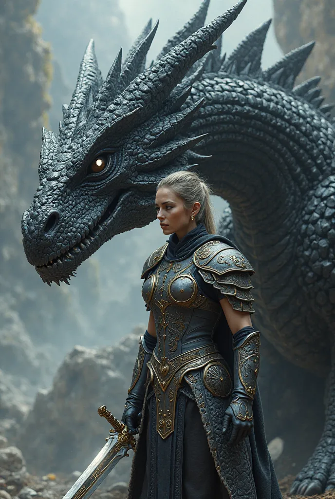 A black dragon with shiny silver tips and its eyes that are white and that is next to a beautiful woman who is a warrior 