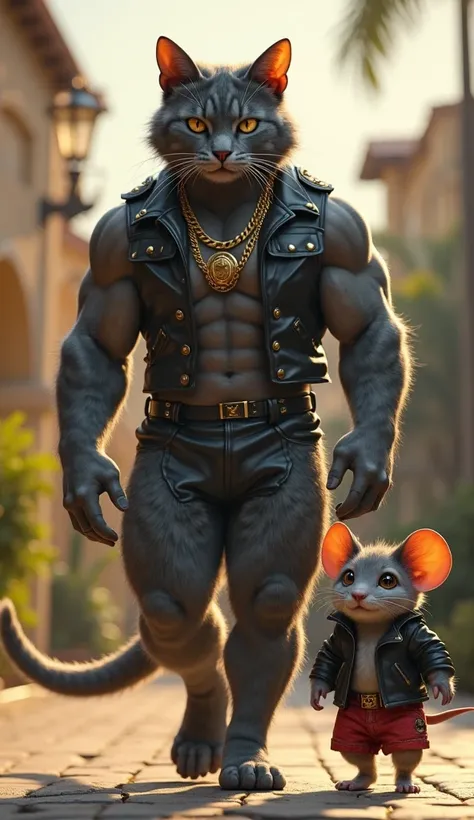 "A highly detailed and hyper-realistic digital artwork. An anthropomorphic cat and mouse, both with muscular and powerful physiques, walking confidently. The cat has dark gray fur, piercing eyes, and a chiseled, muscular build. It wears a sleeveless black ...