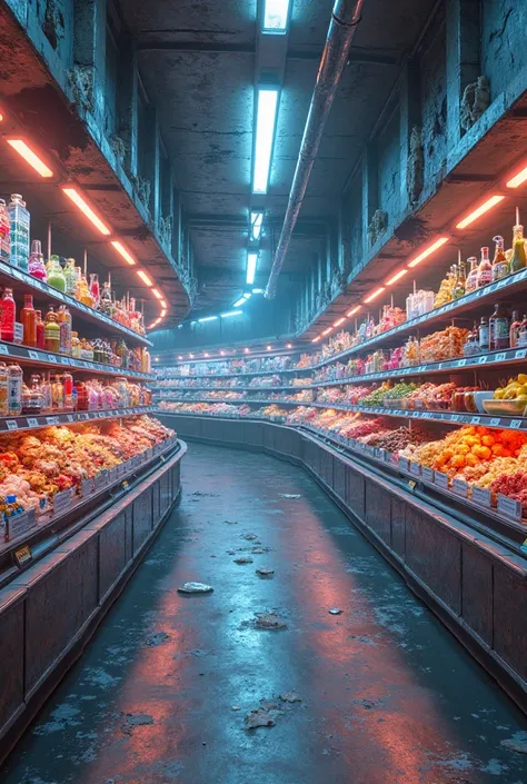 creates the corridor of a supermarket without people with products from other worlds, very strange products,Let the supermarket be from another planet do it with a realistic style