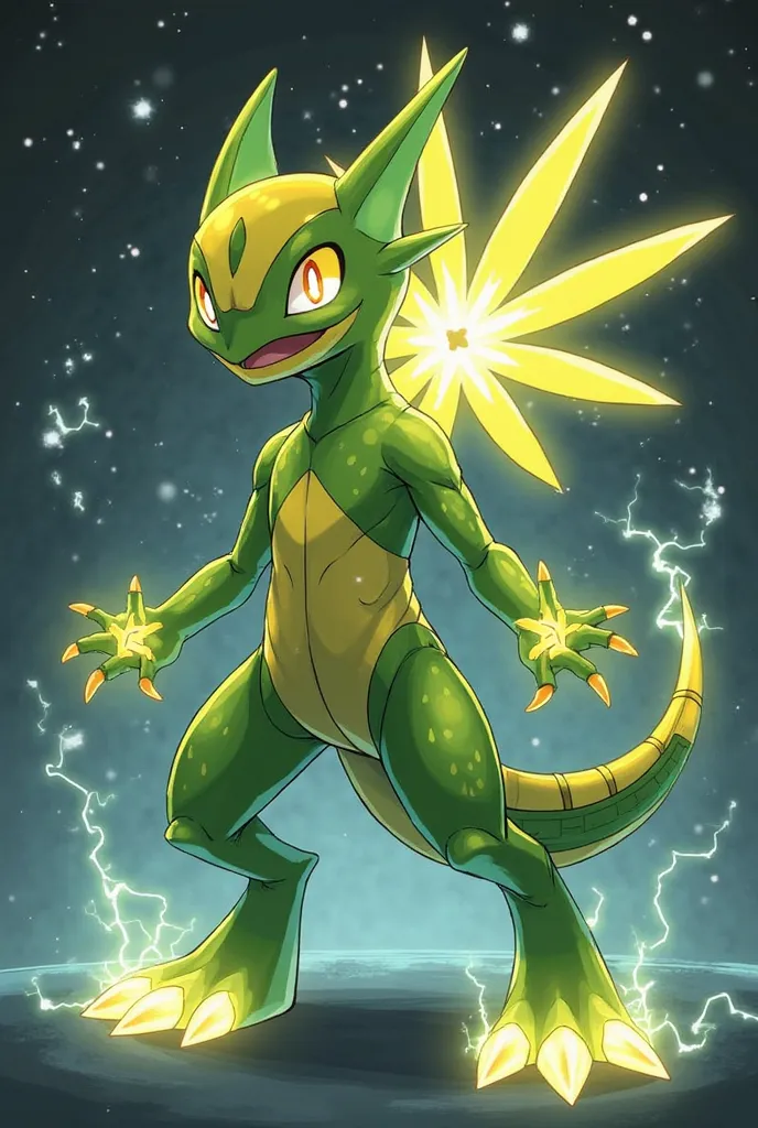 Voltasaur is a bipedal Pokémon a slender and agile body, Greninja's tail, but with a firmer and more powerful posture. Her skin is an intense green with bright yellow details that evoke electricity flowing through her body. Su back and arms are marked with...