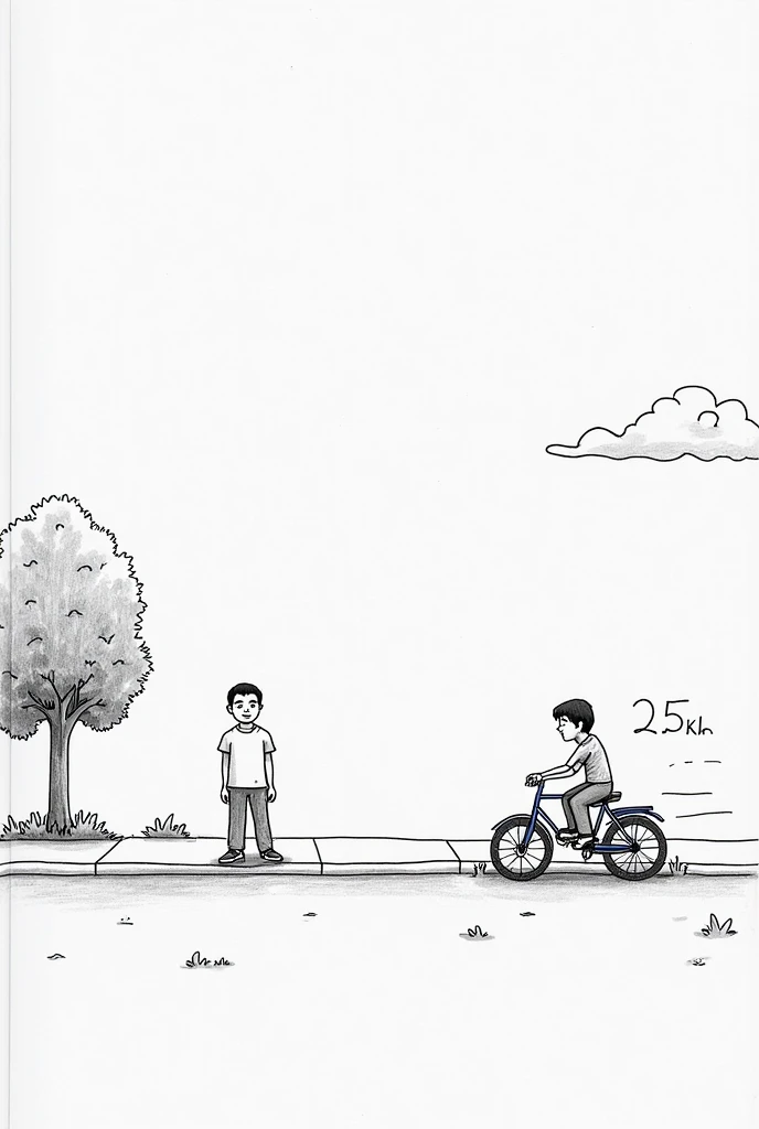 Background:

Draw a straight sidewalk running across the page.

Add a tree on the side of the sidewalk, with details like leaves and a trunk.

Ahmed:

Draw a person (Ahmed) standing next to the tree on the sidewalk.

You can draw him in a normal standing p...