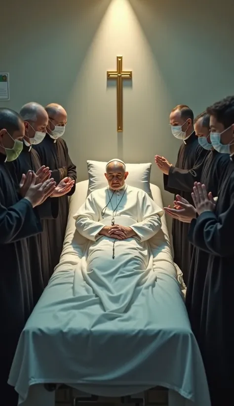 Ultra-realistic, cinematic scene inside a silent, dimly lit hospital room. At the center, Pope Francis lies on a white hospital bed, dressed in a medical gown. His face shows both serenity and fragility. Surrounding him, priests and doctors in formal robes...