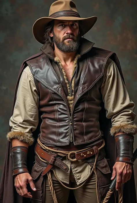 a close up of a man in a leather vest and hat, leather jerkin, wearing leather armored vest, leather clothing, leathery, furry chest, fantasy leather clothing, thick cables whipping around, wearing a full leather outfit, leather, whip in hand, leather clot...