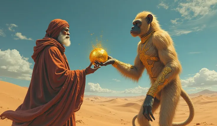 Create a picture of a bedouin receiving a golden gift from a monkeyman 