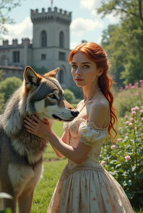 A handsome young woman with red hair and green eyes wears a dress from the 1700s in a garden caressing a majestic wolf with gray fur on her back there is a wall of a medieval gray stone castle 