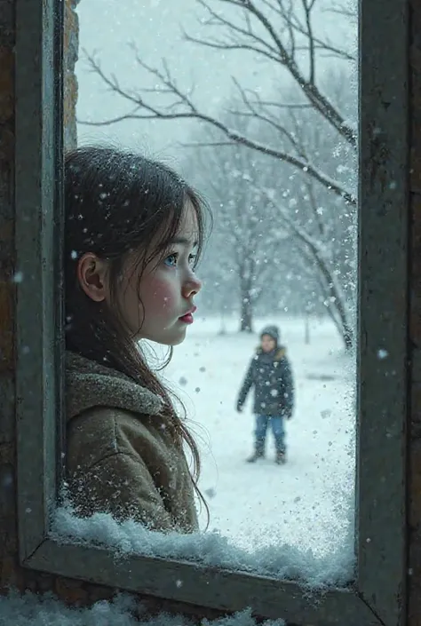 Girl looks at boy from window snow