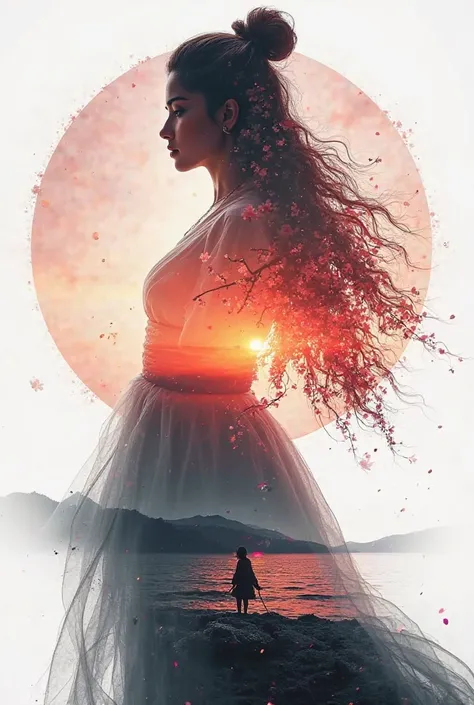 high quality, 8K Ultra HD, A beautiful double exposure that combines an goddess silhouette with sunset coast, sunset coast should serve as the underlying backdrop, with its details incorporated into the goddess , crisp lines, The background is monochrome, ...