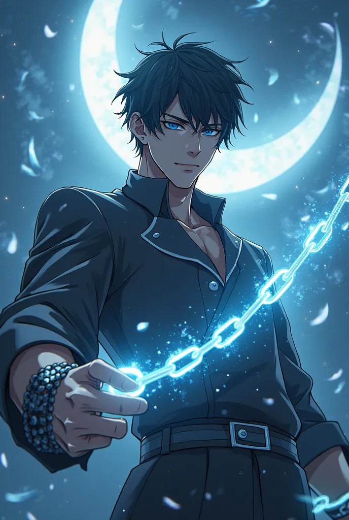 Personnage d'anime avec chaine brillante à la main et lune en arrière-plan, anime badass 8 K, beau gars dans l'art de demon slayer, style anime 4 k, 4 k manga wallpaper, personnage d'anime masculin, fanart de Rui, le tueur de démons, fond d&#39;écran animé...