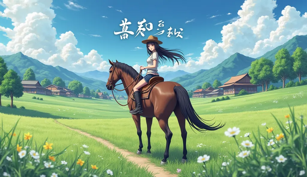 field and anime-style village life, and next to her, a beautiful girl in a cowboy hat is riding a horse, and in the center it is written in beautiful letters "COUNTRY WAVE"