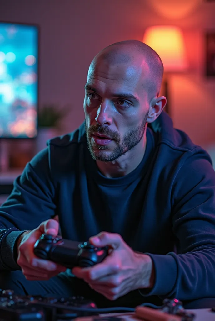 Bald and beardless man playing games with hot-melt playstation