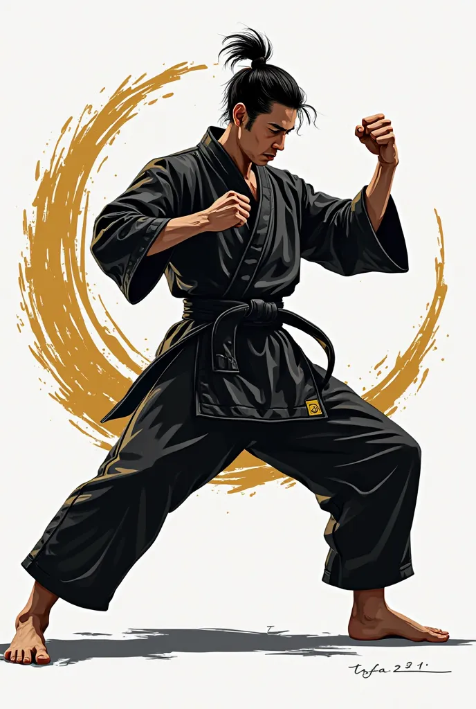 create a logo with an impressive martial arts pose, IN BLACK AND GOLD COLOR, with the initials TFC