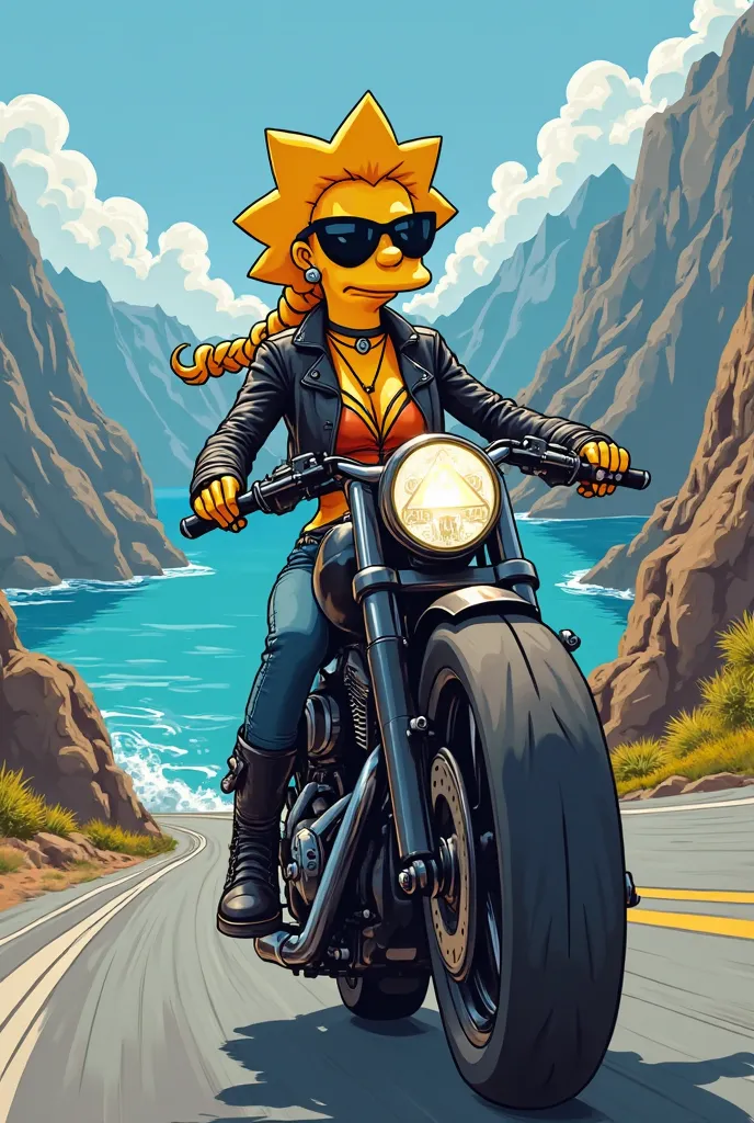 A Simpson biker girl with sunglasses. With a black motorcycle and the triangular headlight. Driving through a mountain landscape with the sea in the background