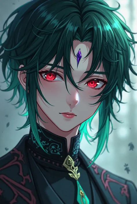 dark green haired anime boy,with jade colored tips,scarlet eyes and a small purple diamond on the forehead