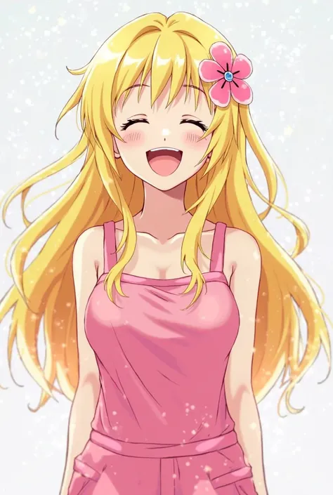 Anime girl with blonde hair,blue eyes laughing with her eyes closed with a pink jumpsuit with a pink flower on the side of her head