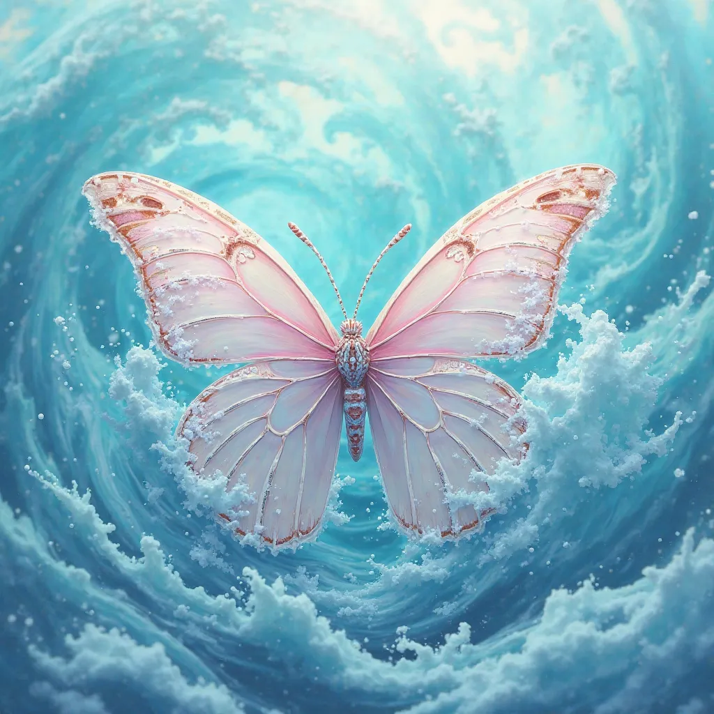 hyperrealistic portrait of a butterfly in the splashes of the sea. pastel palette.  figurine Art style. 