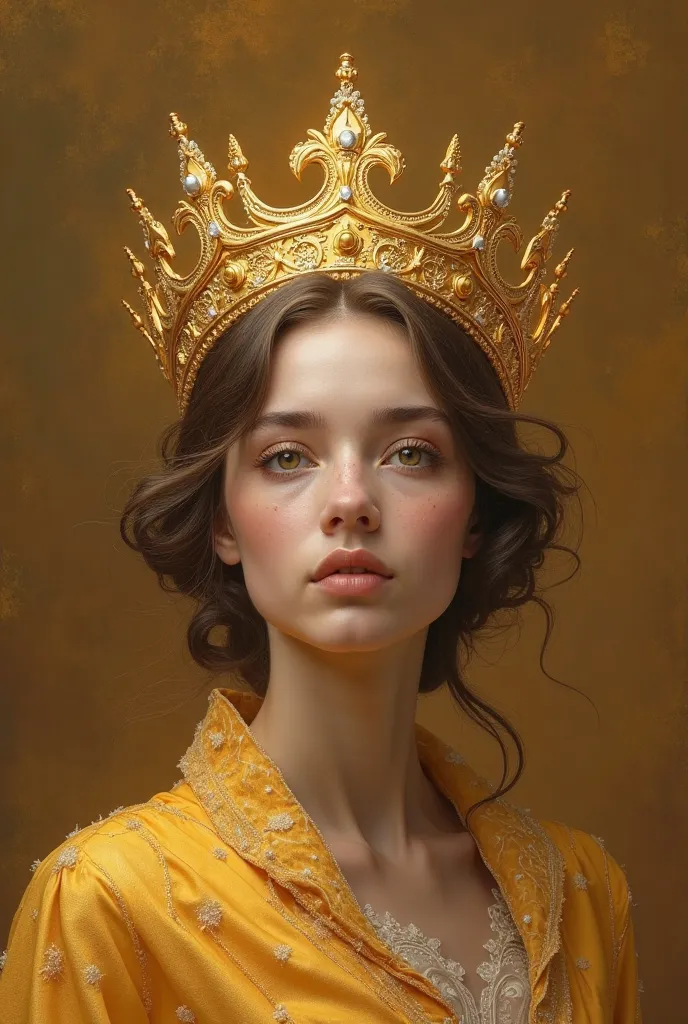 I want to create a picture of a girl wearing a crown and the picture does not show his face with a clearly defined face and the picture should be luxurious in gold colors 