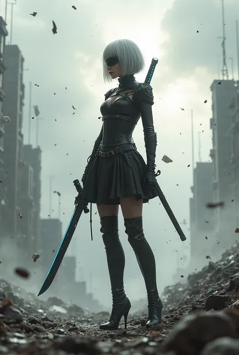 Nier: Automata A2 Videojuego A futuristic female android warrior standing in a post-apocalyptic landscape. She has short silver hair, wears a black tactical dress with elegant details, high boots, and a sleek blindfold. She holds a katana with glowing edge...