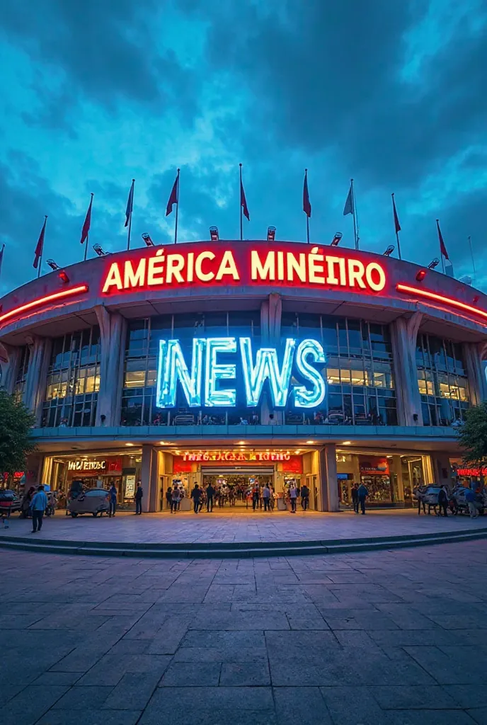 "An image of the Independence Stadium, Casa do América Mineiro, In Belo Horizonte , Brazil. The stadium façade is highlighted, And on the front , there is a modern and flashy sign with the words 'AMÉRICA MINEIRO NEWS' in large and bright letters. The scene...