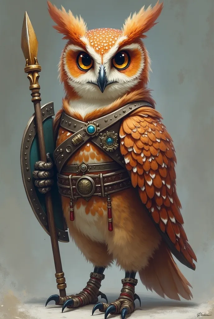 Warrior Owl :  Inspired by the bird-like character you are integrating .  It is an owl with light armor ,  big and expressive eyes ,  and small wings that act more like a shield than as functional wings.  You could use a small spear or a futuristic bow .