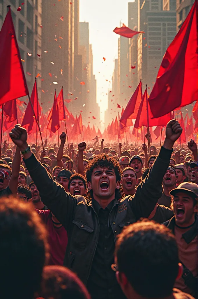 An great image of furious people in a Riot, with a Lot of red flags