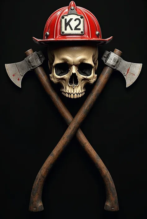 Make me a skull with a fireman's helmet with two crossed firefighter axes, black background 
On the helmet say K2 and the axes are in the back 