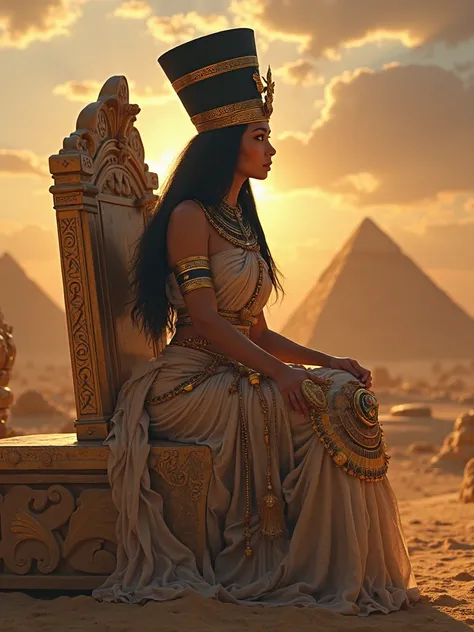  a beautiful Egyptian goddess at an angle with her in the front pose,  sitting on a throne , with the clothes and hat of an ancient Egyptian pharaoh ,  hat from ancient Egypt with a cross crossed in the back in Egyptian scenery , The all-seeing eye and the...