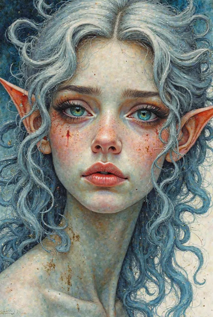 A detailed watercolor portrait painting of a beautiful elf woman with an expression of pain. Style of Philippe Druillet. Style of Moebius. Style of Métal Hurlant. Ornate background.