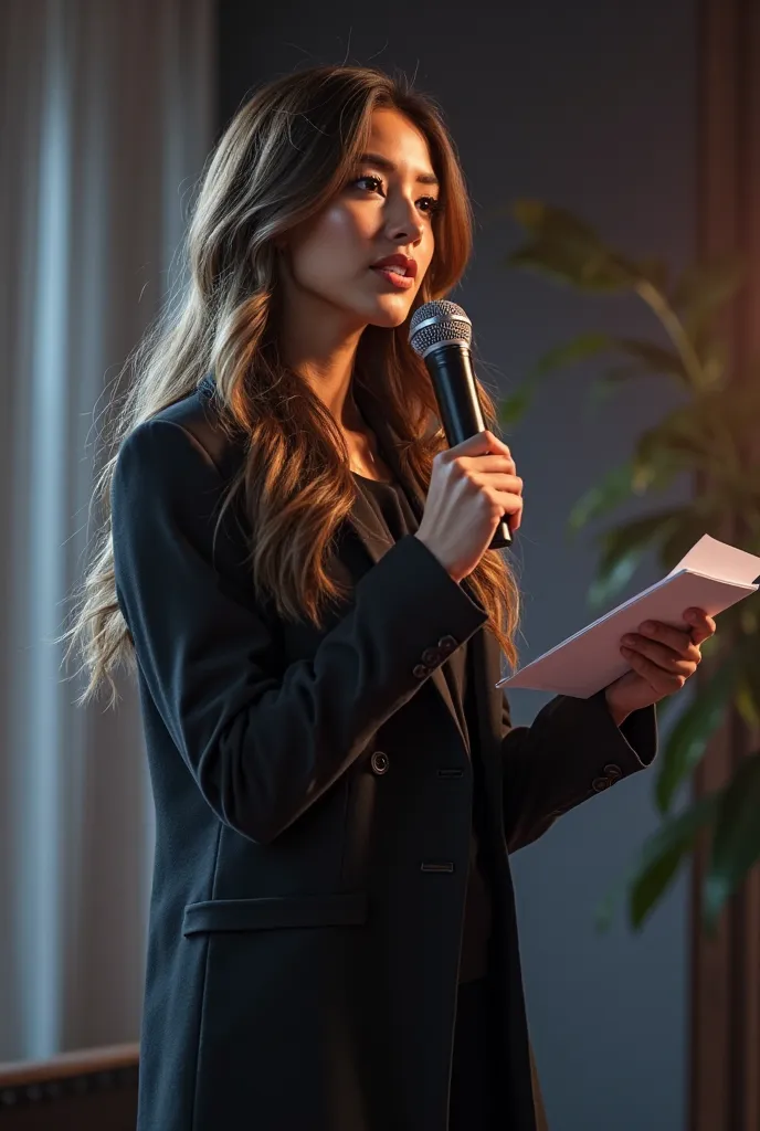 generate an image of real social media analyst girl for slightly side profile wearing black pent coat with nice open hair style holding mic & giving speech