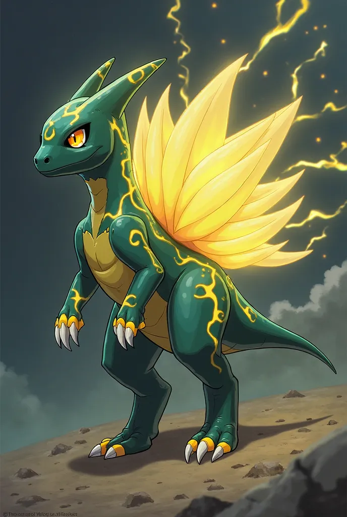 Voltasaur is a Pokémon with a humanoid appearance, with a slender body And athletic designed for speed and agility. Its skin is deep dark green with bright yellow patterns that run through its torso and limbs, resembling living electrical circuits. His ene...