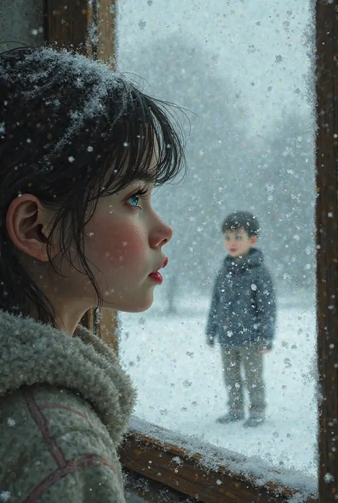 The girl looks at the boy through the window, it's snowing. 