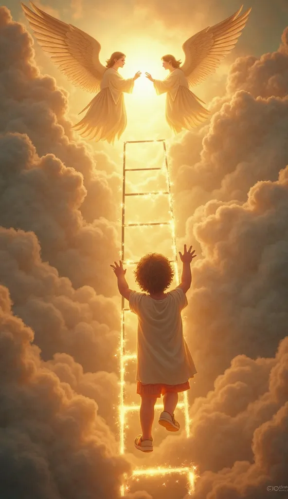 A young  climbing a glowing ladder made of light, reaching towards the hands of angels in the clouds. The scene is filled with innocence and hope, with a soft golden light illuminating the . Highly detailed, emotional atmosphere.