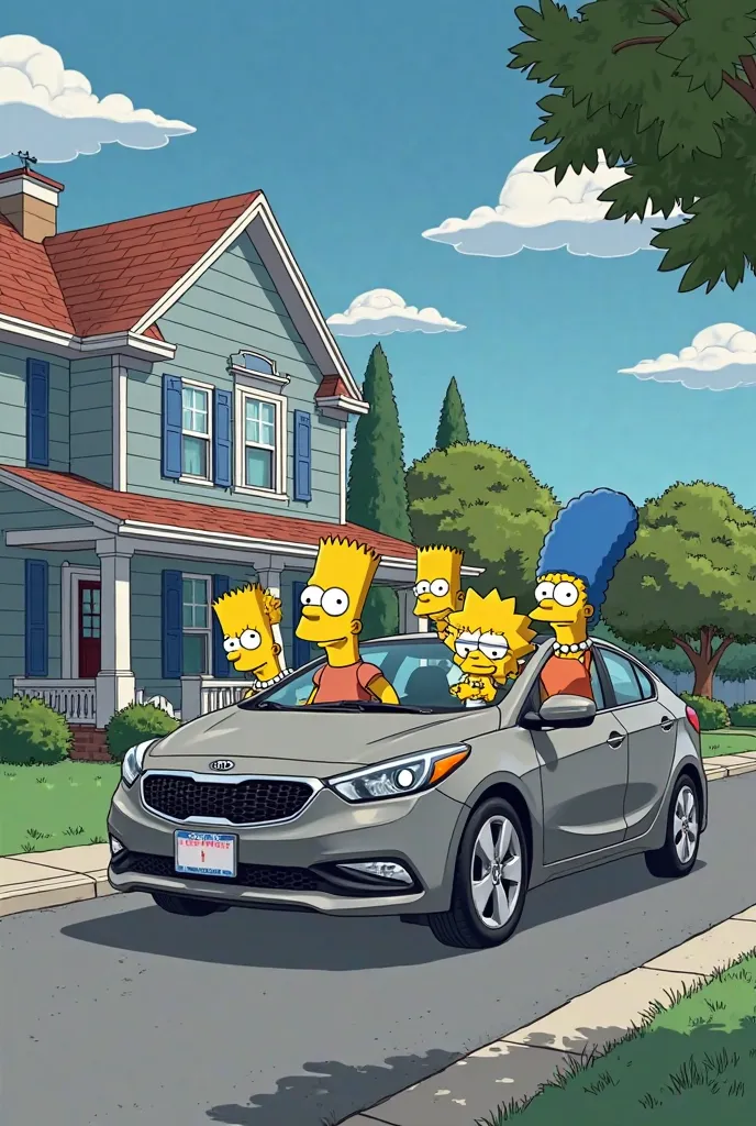 An image of the Simpsons in a gray 2012 Kia Cerato Koup outside their house