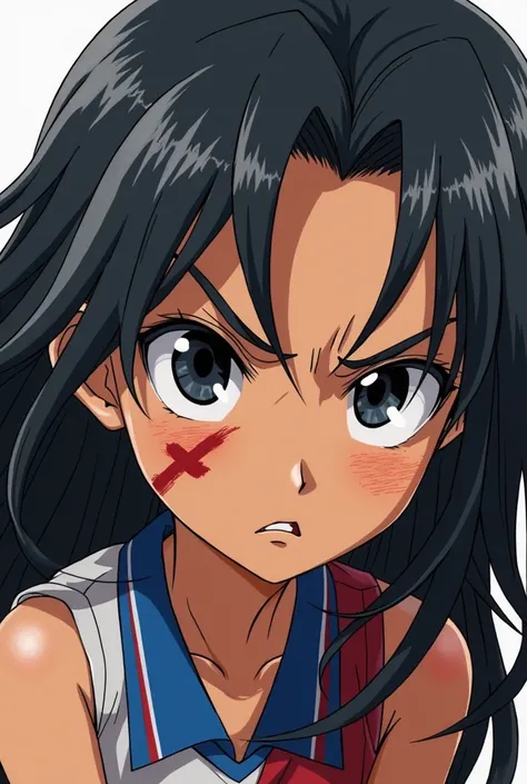 In the style of the anime Inazuma Eleven : Screen by Inazuma Eleven Go , 15-year-old girl  ,  angry face , long black hair , Very dark eyes Scar on his eye and on the body ,  Tanned Skin  .