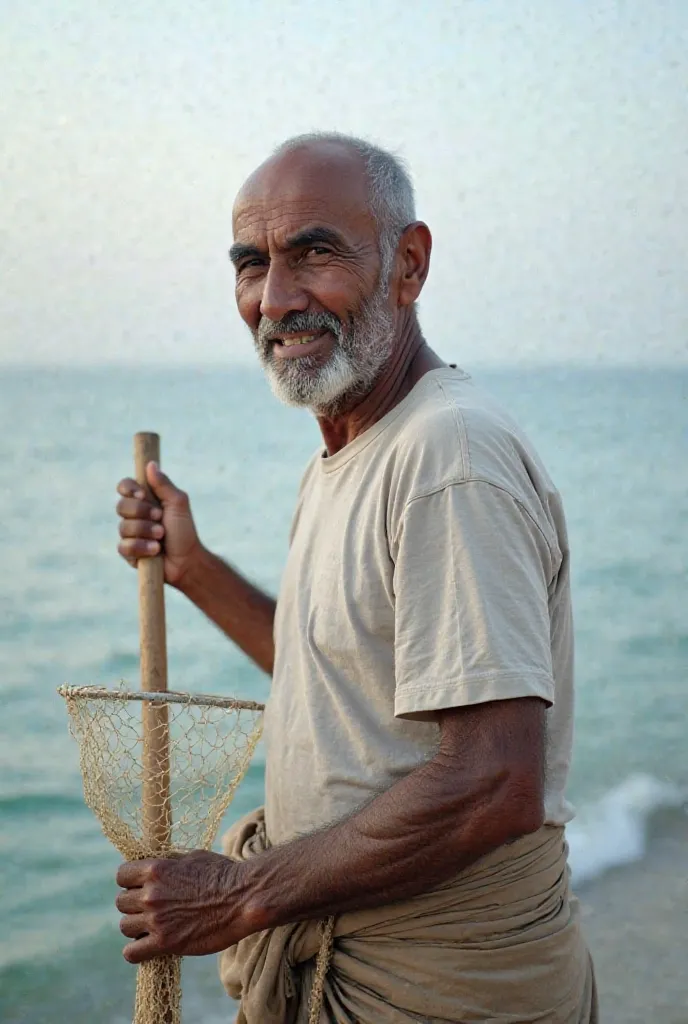 "An elderly, slim, bald fisherman with dark skin, wearing a white short-sleeved undershirt and a traditional loincloth (lenga) worn in southern Iran, holding a fishing net with a subtle smile on his face. The camera angle is from the side, showing the fish...