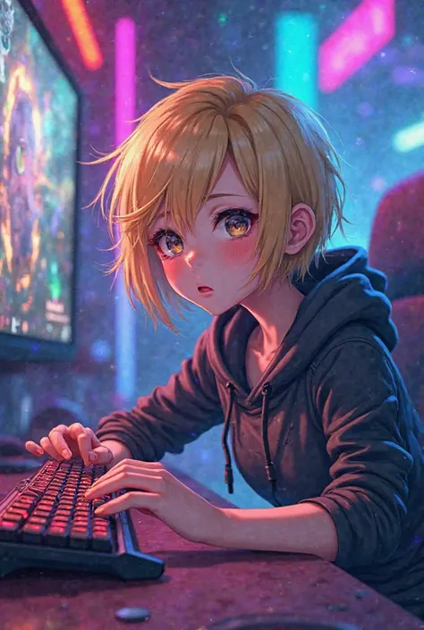 Anime gamer girl with short blonde hair