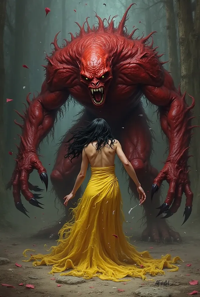 One of the monsters comes in red and tears the clothes of the woman with black hair and yellow clothes 