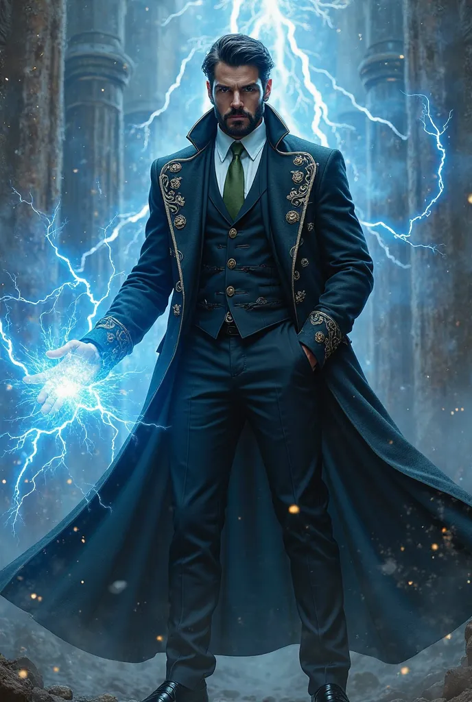 Handsome tall dark-haired sorcerer with an elegant beard dressed in a black coat with a 3-piece black suit with a white shirt and khaki green tie , Using blue lightning magic to fight 