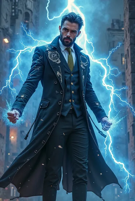 Handsome tall dark-haired sorcerer with an elegant beard dressed in a black coat with a 3-piece black suit with a white shirt and khaki green tie , Using blue lightning magic to fight 