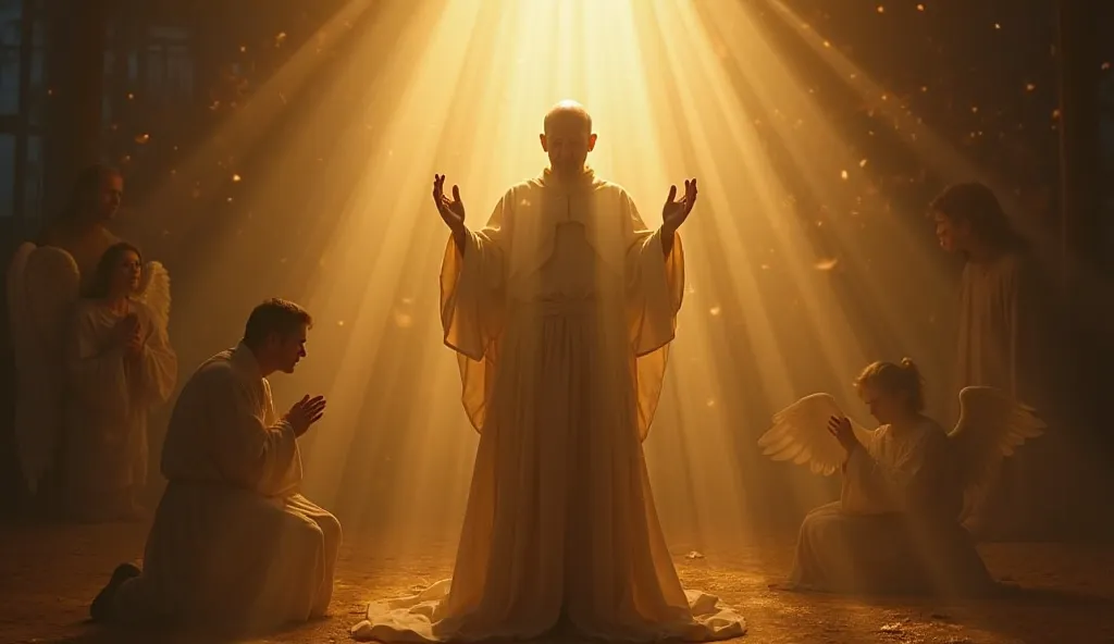 An epic and moving image of Padre Pio,  shrouded in golden heavenly light , with hands extended in prayer and serene expression, radiating peace and miracles. Around him, divine rays shatter darkness, symbolizing victory over pain and suffering. In the bac...